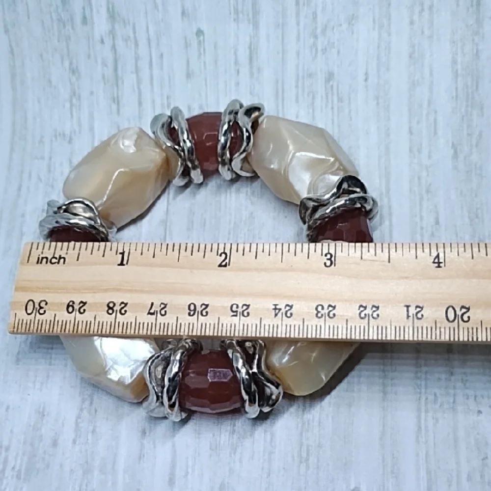 Elegant Brown and Cream Swirl Beaded Stretch Bracelet W Silver Tone Accents